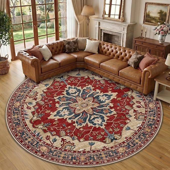 RELEANY Area Rugs Round 10ft Washable Non-Slip, Floral Vintage Distress Print Pattern Medallion Carpet for Living Room Bedroom Dining Room, Red Blue