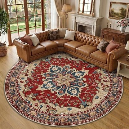 RELEANY Area Rugs Round 10ft Washable Non-Slip, Floral Vintage Distress Print Pattern Medallion Carpet for Living Room Bedroom Dining Room, Red Blue