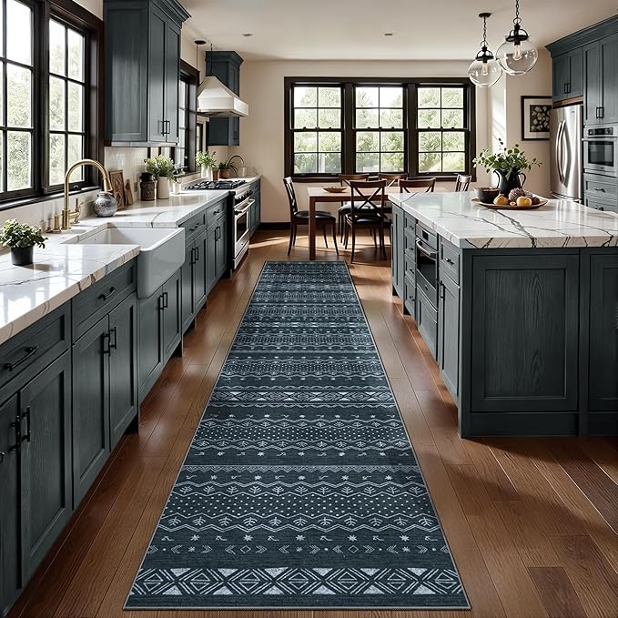 SERISSA Hallway Runner Rug, 2x10 Washable Non-Slip Grey Boho Rug, Soft Low-Pile Geometric Indoor Long Carpet for Kitchen Laundry Room Bathroom Bedroom Entryway Stair