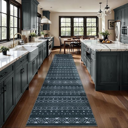 SERISSA Hallway Runner Rug, 2x10 Washable Non-Slip Grey Boho Rug, Soft Low-Pile Geometric Indoor Long Carpet for Kitchen Laundry Room Bathroom Bedroom Entryway Stair