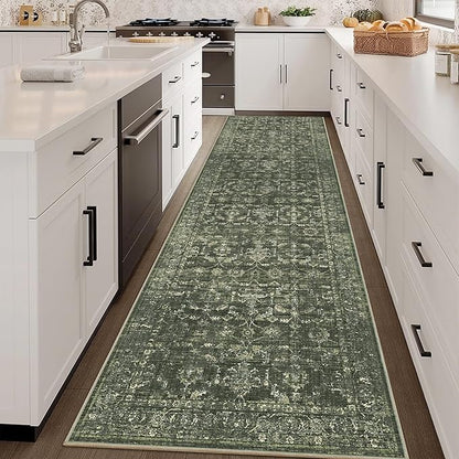3x10 Green Runner Rug Hallway Washable Area Rugs Kitchen Vintage Boho Non Slip Long Rug Floral Carpet Indoor Retro Soft Low Pile Throw Rug for Bedroom Bathroom Laundry Dining Living Room Office