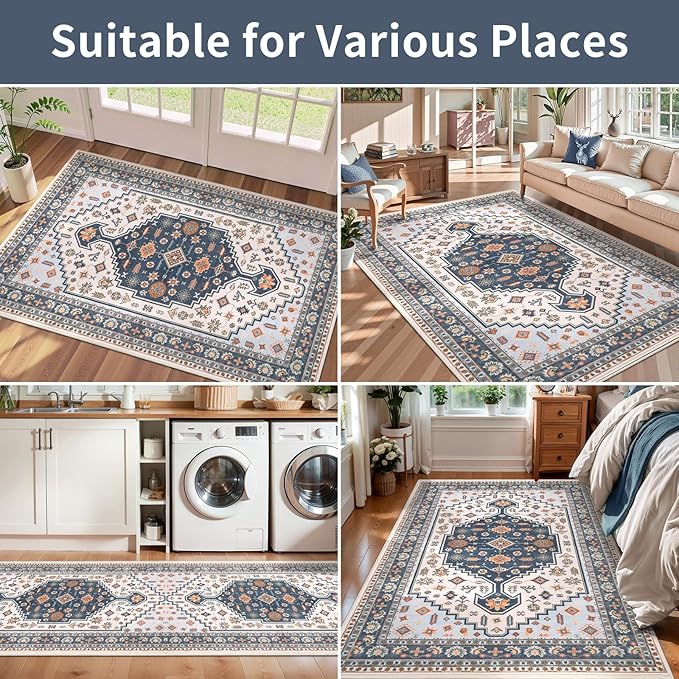 Tangsoo Vintage 2x3 Entry Washable Rug for Entryway,Indoor Door Rug Small Throw Mat Blue Beige Low Pile Soft Entryway Carpet for Front Porch Entrance Kitchen
