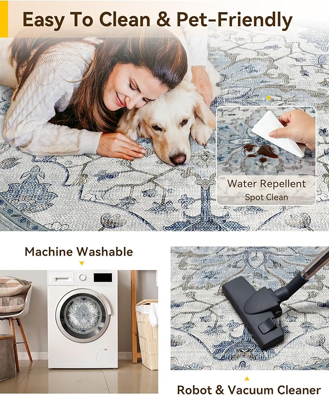 RELEANY Area Rugs Round 7ft Washable Non-Slip, Floral Vintage Distress Print Pattern Medallion Carpet for Living Room Bedroom Dining Room, Light Blue Navy Beige Gray White