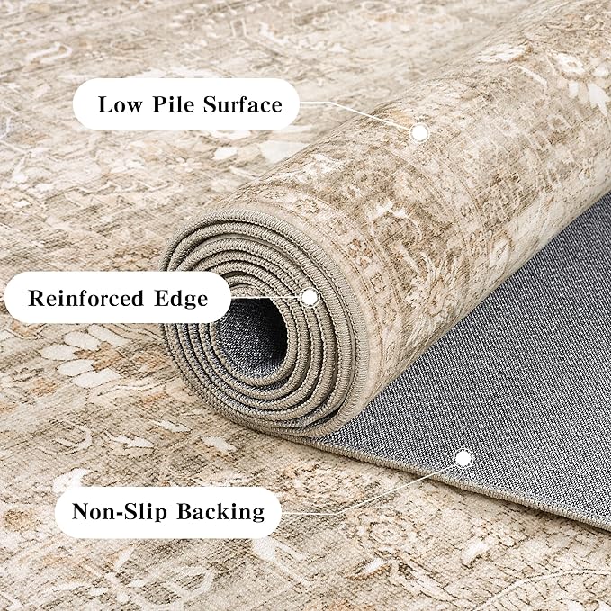 8x10 Beige Washable Area Rugs for Living Room Non Slip Low Pile Vintage Boho Throw Rug Khaki Soft Retro Distressed Floral Large Carpet Indoor for Bedroom Dining Room Office Kitchen Playroom