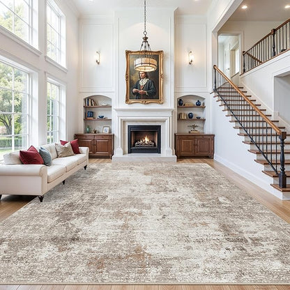 12x15 Area Rug for Living Room – Large Modern Neutral Abstract Thin Washable Carpet, Soft Low Pile Non-Slip Stain-Resistant for Bedroom Dining Room Home Office (Beige Grey)
