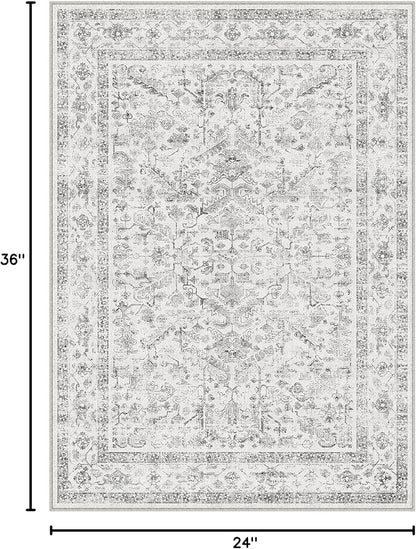PureCozy Grey 2x3 Entryway Rug Vintage Area Carpet Indoor Kitchen Washable Door Mat Entrance Small Low Pile Traditional Distressed Retro Accent Throw Rug Non Slip Office Bathroom