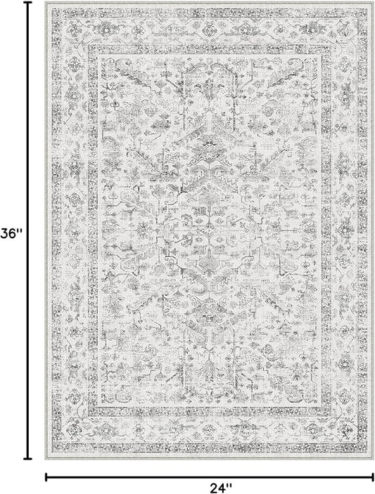 PureCozy Grey 2x3 Entryway Rug Vintage Area Carpet Indoor Kitchen Washable Door Mat Entrance Small Low Pile Traditional Distressed Retro Accent Throw Rug Non Slip Office Bathroom