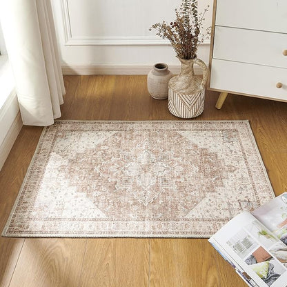 Small Area Rug 2x3, Non Slip Neutral Farmhouse Persian Washable Entryway Rug Indoor, Tan Beige and Light Brown Rust Pattern