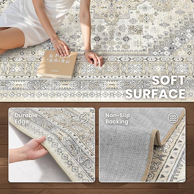 zesthome 9ft Round Rugs for Living Room, Non-Slip Washable Round Area Rugs, Ultra-Thin Large Circle Rugs, Soft Low Pile Rug for Bedroom, Kitchen - Vintage Stain Resistant Round Rug (Beige,9'x9')