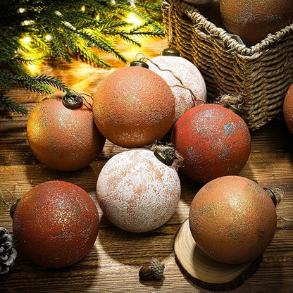 24 Pcs 3.15'' Large Rustic Vintage Neutral Textured Farmhouse Brown 2025 Christmas Ornaments Ball for Christmas Tree Decor,Boho Orange Copper Hanging Xmas Ornaments Shatterproof Ball for Home Decor