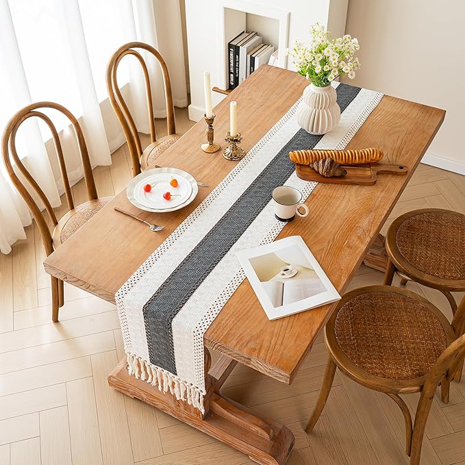 FEXIA Boho Table Runner for Summer Home Decor with Tassels 60 Inches Long Farmhouse Grey Rustic Burlap Table Runner Macrame Table Decoration for Kitchen Bedroom Living Room (12x60 Inches)