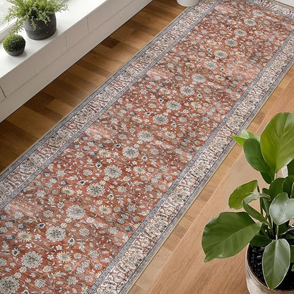 KUTA Extra Long Runner Rug for Hallway 2.6x20ft, Vintage Washable Kitchen Rugs, Red Clay Non-Slip Stair Runners Indoor Soft Printed Vintage Carpet for Bedroom Living Room Nursery