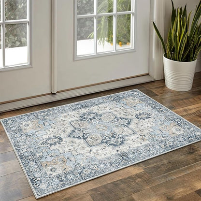GENIMO 29"x17" Area Rugs for Living Room, Machine Washable Non Slip Vintage Rugs, Low Pile Soft Chenille Print Rug for Bedroom, Dining Room, Home Office, Blue