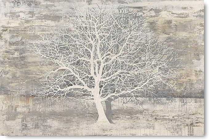 Yihui Arts Tree Of Life Canvas Wall Art Hand Painted Grey White Beige Paintings Modern Abstract Forest Pictures Artwork for Living Room Bedroom Office Decoration