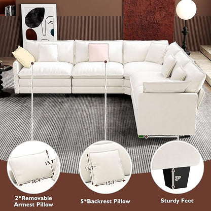 Ihanherry 114" V-Shaped Modern Sofa Modular Sectional Cloud Couch with Corner Section, 5-Seat Chenille Deep Seat Sofa with 5 Pillows for Living Room, Bedroom and Apartment, Beige