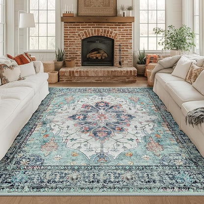 RELEANY Area Rugs Square 8ft Washable Non-Slip, Floral Vintage Distress Print Pattern Medallion Carpet for Living Room Bedroom Dining Room, Green Navy Blue White Red Teal Colorful