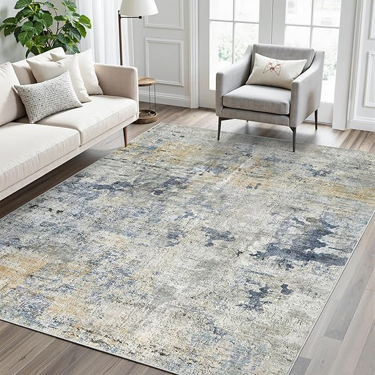 Soalmost Abstract Rug 5x7 Machine Washable Area Indoor Blue Yellow Low Pile Non-Slip Foldable Thin Accent Rugs for Bedroom Living Room Dining Room