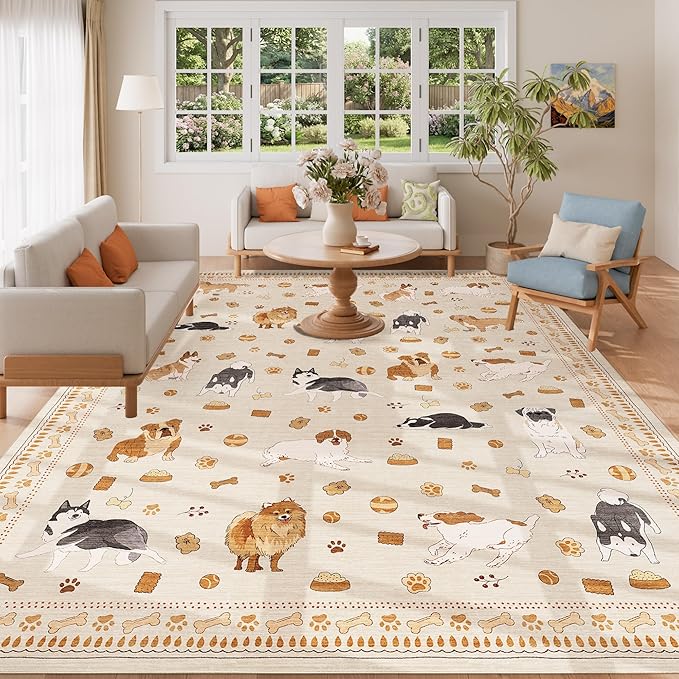 DUKINO 8x10 Area Rug, Non Slip Washable Animal Dog Rug for Living Room, Stain Resistant & Low Pile Indoor Floor Large Carpet for Bedroom, Farmhouse, Nursery, Dining Room, Kids Playroom, Beige Yellow