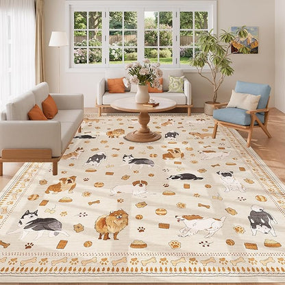 DUKINO 8x10 Area Rug, Non Slip Washable Animal Dog Rug for Living Room, Stain Resistant & Low Pile Indoor Floor Large Carpet for Bedroom, Farmhouse, Nursery, Dining Room, Kids Playroom, Beige Yellow