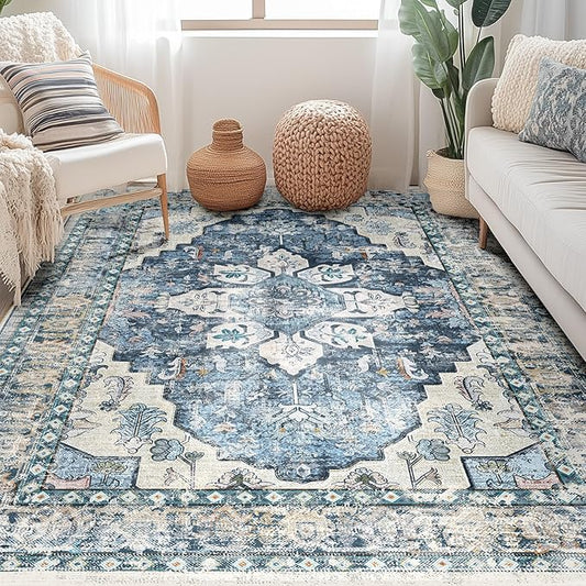 BESTSWEETIE 4x6 Area Rug Washable Rugs for Living Room, No Pile Boho Carpet for Entryway Bedroom Dinning Room, Vintage Carpet Print Distressed Non-Slip, 4 x 6 ft, Blue Navy