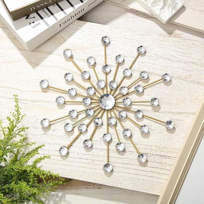 Barydat 6 Pcs Metal Starburst Wall Decor Bling Crystal Wall Art Rhinestone Sunburst Home Decoration No Punch Starburst Hanging Diamond Accents for Living Room Bedroom(25cm,Gold)