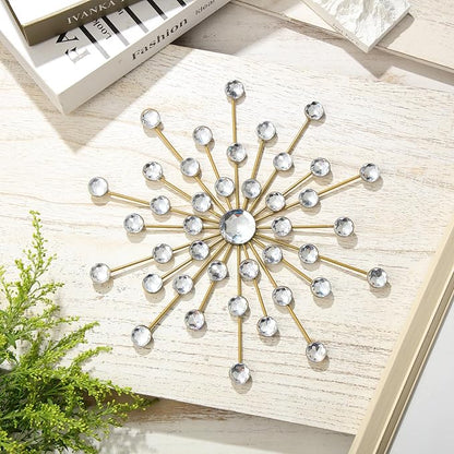 Barydat 6 Pcs Metal Starburst Wall Decor Bling Crystal Wall Art Rhinestone Sunburst Home Decoration No Punch Starburst Hanging Diamond Accents for Living Room Bedroom(25cm,Gold)