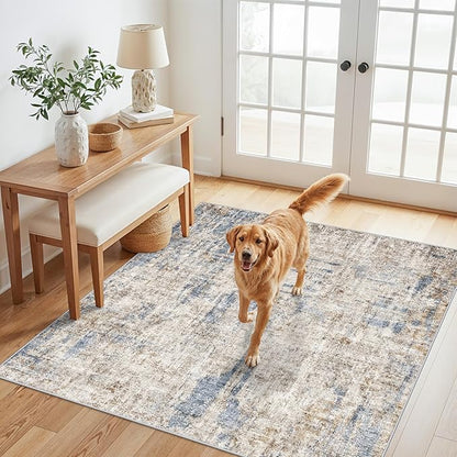4x4 Square Entryway Rug Washable – Non-Slip Small Area Rug for Kitchen or Bathroom, Soft Low-Pile Indoor Mat, Modern Abstract Thin Door Carpet (Blue Brown)