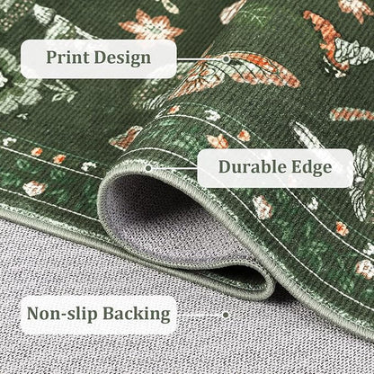 Mushroom Whimsical Cottage Core Small Rug 2x3 Washable Door Mat Indoor Rugs for Entryway Non-Slip Soft Insect Bug Butterfly Funky Decor for Bedroom Kitchen Olive Green