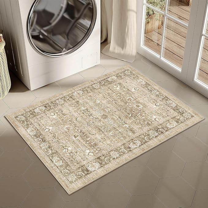 2x3 Beige Entryway Rug Non Slip Washable Area Rug Soft Khaki Vintage Boho Throw Rug Retro Distressed Floral Carpet Indoor Farmhouse Low Pile Small Door Mat for Kitchen Bathroom Bedroom Laundry Office