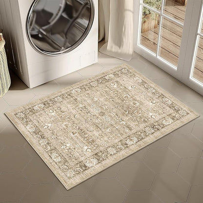 2x3 Beige Entryway Rug Non Slip Washable Area Rug Soft Khaki Vintage Boho Throw Rug Retro Distressed Floral Carpet Indoor Farmhouse Low Pile Small Door Mat for Kitchen Bathroom Bedroom Laundry Office
