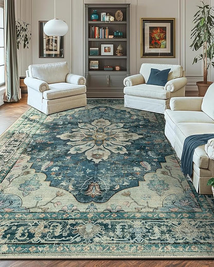 RELEANY Area Rugs 10'x14' Washable Non-Slip, Floral Vintage Distress Print Pattern Medallion Carpet for Living Room Bedroom Dining Room, Dark Blue Vintage