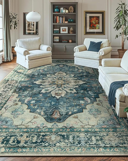 RELEANY Area Rugs 10'x14' Washable Non-Slip, Floral Vintage Distress Print Pattern Medallion Carpet for Living Room Bedroom Dining Room, Dark Blue Vintage
