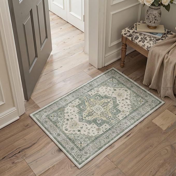 GENIMO Runner Rug 2x5 Non Slip Machine Washable Vintage Hallway Runner Rug, Low Pile Lightweight Rugs for Entryway, Hallway, Kitchen and Corridor, Sage Green