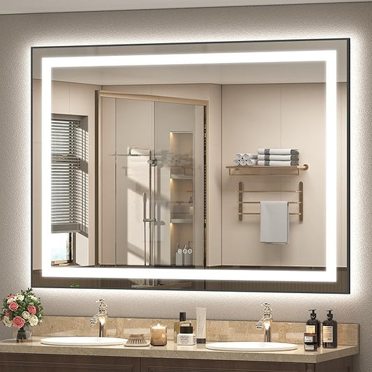 55x40 Framed LED Bathroom Mirror, Large Dimmable Vanity Mirror with Lights, Anti-Fog, Memory, Shatterproof, Backlit and Front Lighted, ETL Listed