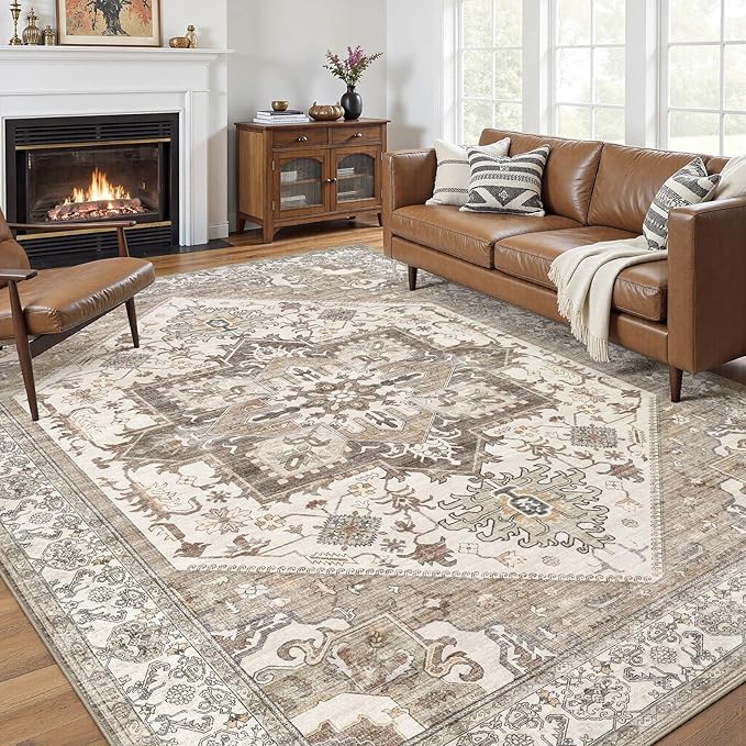 10x14 Area Rug for Living Room- Machine Washable Soft Oriental Vintage Large Indoor Floor Carpet for Bedroom Under Dining Table Home Office Decor - Beige Brown