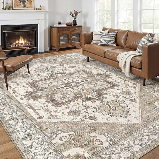 9x12 Area Rug for Living Room- Machine Washable Soft Oriental Vintage Large Indoor Floor Carpet for Bedroom Under Dining Table Home Office Decor - Beige Brown