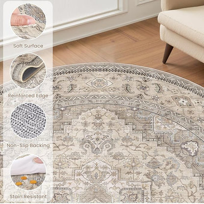 EIEIHOUSE 8ft Round Rugs for Living Room - Washable Neutral Vintage Distressed Farmhouse Large Soft Floor Area Rug Indoor Carpet for Bedroom Dining Room Office - Brown/Multi