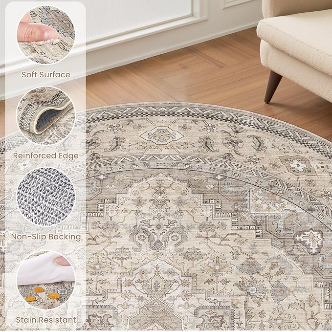 6FT Round Area Rugs for Living Room - Washable Neutral Vintage Distressed Farmhouse Large Soft Floor Rug Indoor Carpet for Bedroom Dining Room Office - Brown/Multi