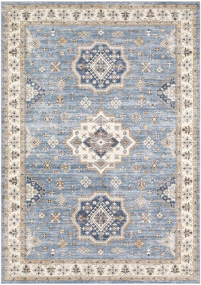 EIEIHOUSE Washable Area Rugs for Living Room -7x10 Neutral Vintage Distressed Floral Farmhouse Boho Large Soft Floor Rug Indoor Non Slip Carpet for Living Room Bedroom Dining Room Office - Blue