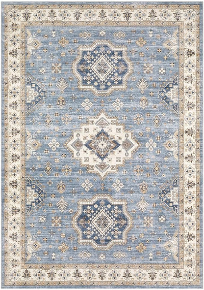 EIEIHOUSE Washable Area Rugs for Living Room -7x10 Neutral Vintage Distressed Floral Farmhouse Boho Large Soft Floor Rug Indoor Non Slip Carpet for Living Room Bedroom Dining Room Office - Blue