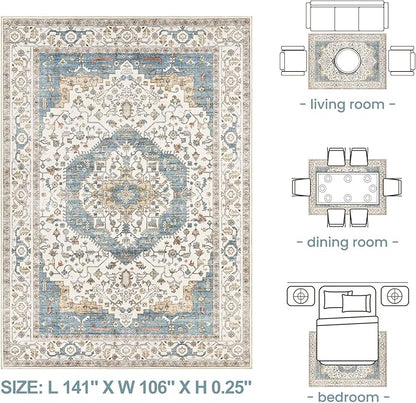 Area Rug for Living Room - 9x12 Soft Washable Oriental Vintage Floral Distressed Large Carpet - Fade Stain Resistant Non Slip Rugs for Bedroom Dining Room Nursery Dorm Office Home Decor - Blue/Beige
