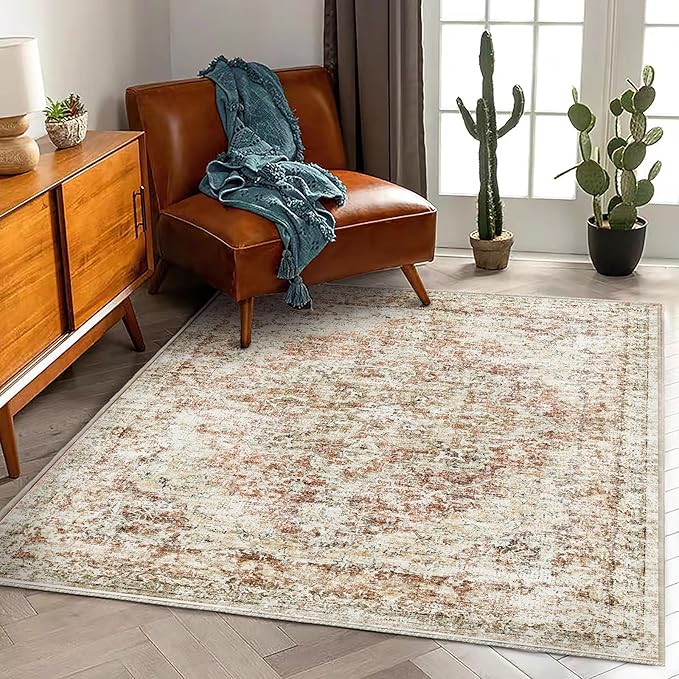 CHAMPLANT Washable Area Rug 3'x5' Vintage Traditional Floor Cover Foldable Thin Rugs Retro Kitchen Indoor Distressed Non Slip Carpet Floral Print Mat Bedroom Living Room