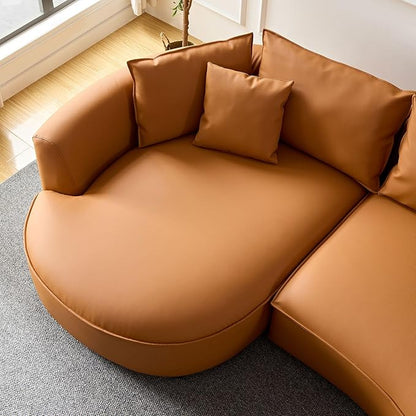WILLIAMSPACE 124.8" Leather Curved Sofa Couch, Modern Upholstery Luxury Sofa with Pillows, Left Hand Facing Sectional Couch for Living Room (Left-Facing,Orange Leather)