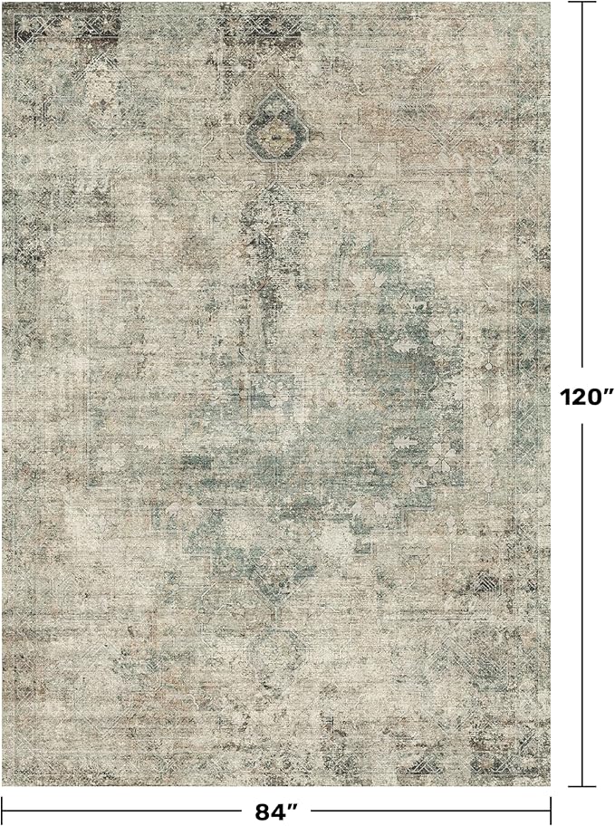 Washable 7x10 Moss Area Rug for Living Room Table – Neutral Green Farmhouse Rug for Dining Room, Vintage Bedroom Under Bed, Non-Slip Stain & Fade Resistant, Vintage Distressed Farmhouse Décor