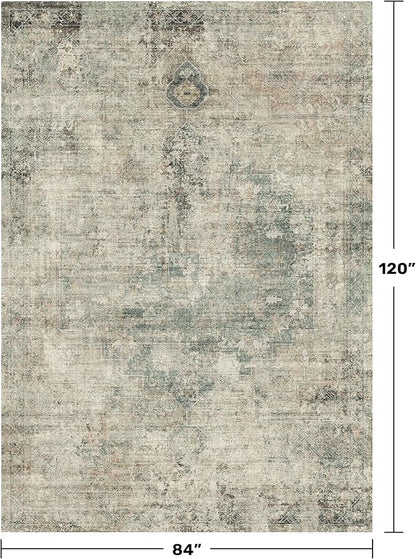 Washable 7x10 Moss Area Rug for Living Room Table – Neutral Green Farmhouse Rug for Dining Room, Vintage Bedroom Under Bed, Non-Slip Stain & Fade Resistant, Vintage Distressed Farmhouse Décor