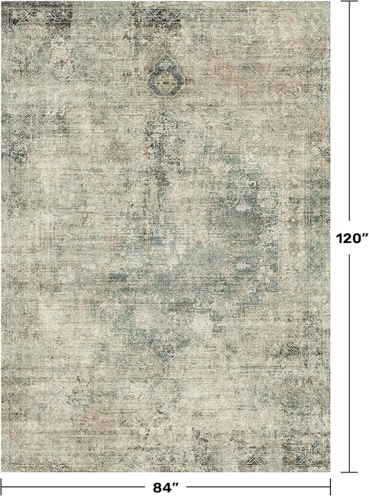 Washable 7x10 Moss Area Rug for Living Room Table – Neutral Green Farmhouse Rug for Dining Room, Vintage Bedroom Under Bed, Non-Slip Stain & Fade Resistant, Vintage Distressed Farmhouse Décor
