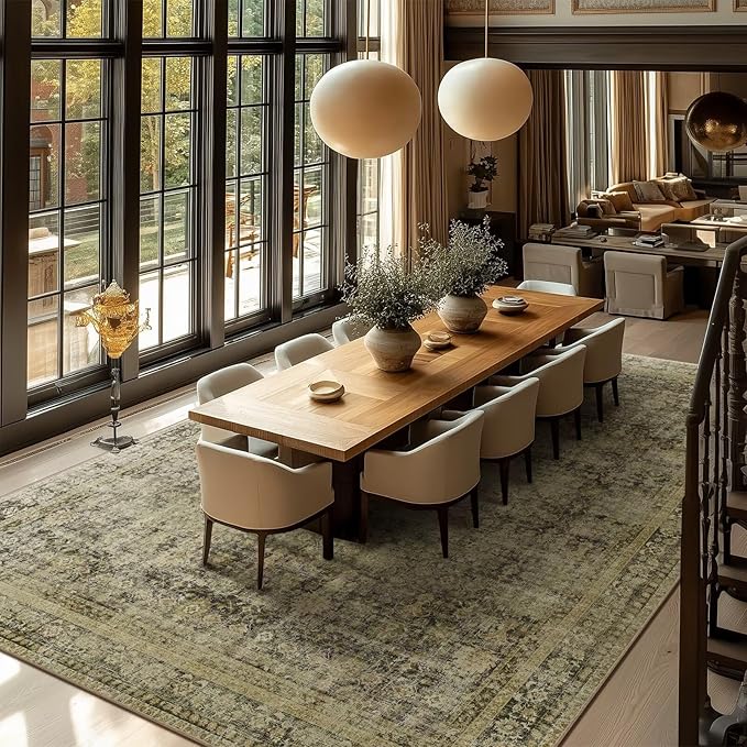 Washable 10x14 Area Rugs for Living Room, Boho Non-Slip Vintage Distress Large Rugs for Bedroom Dining Room Office, 0.3" Neutral Oriental Throw Thin Carpet, Moss/Yellow/Multi, C3