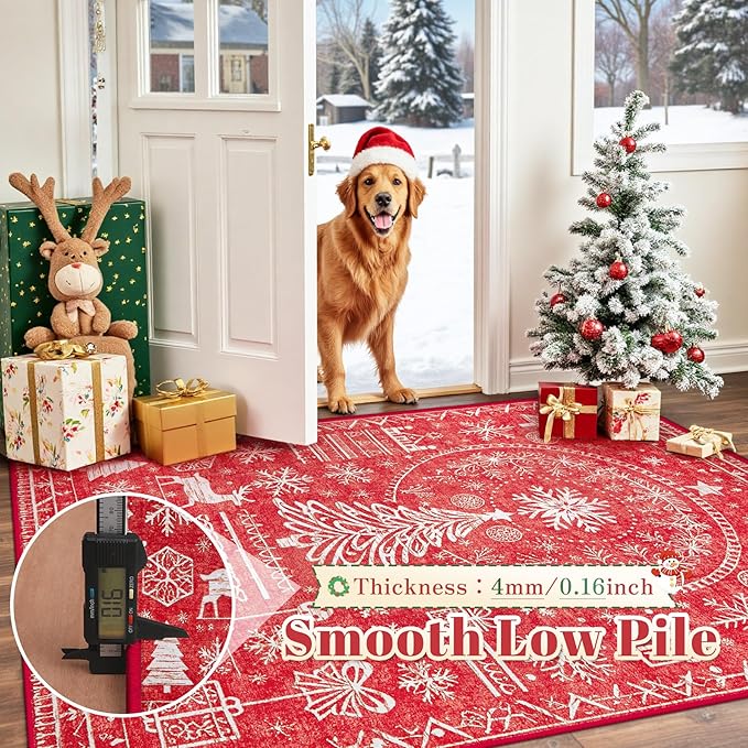 Christmas Area Rug for Living Room 6x9: Large Washable Xmas Rugs Boho Moroccan Holiday Rug Soft Non Slip Carpet for Bedroom Dining Table Home(Xmas Red, 6'X9')