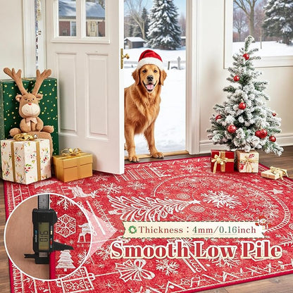 Christmas Area Rug for Living Room 8x10: Large Washable Xmas Rugs Boho Moroccan Holiday Rug Soft Non Slip Carpet for Bedroom Dining Room Home(Xmas Red, 8'X10')