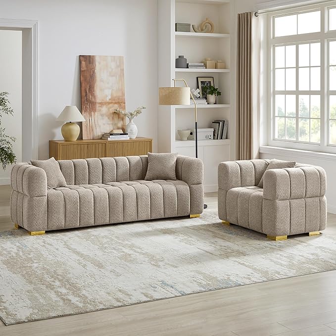 VANOMi Sofa and Chair Set, Modern Deep Seat Couch & Boucle Sofa Chairs, Oversized Upholstered Couch Sets for Living Room, Bedroom, Office, Apartment, Camel (2 Pieces)